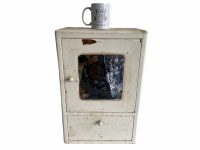 Alternative view of Vintage French Flaky Worn Paint Metal Wall Mounted Hung Storage Cabinet Shelf White Cupboard Bathroom Glass circa 1940-50's / EVE