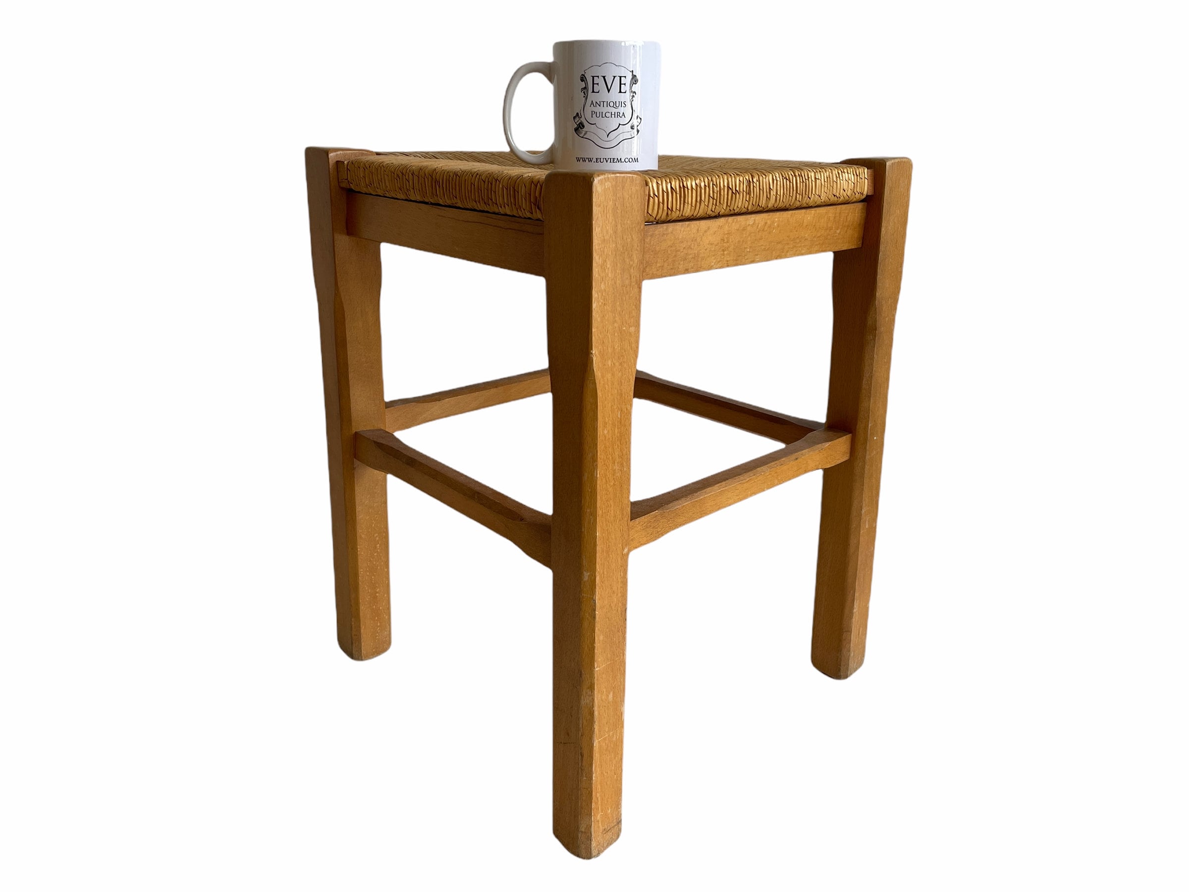 Vintage French Brown Wood Wooden Woven Strung Rattan Raffia Footstool Foot Stool Rest Footrest Display Stand circa 1980-90’s / EVE 4 Vintage French Brown Wood Wooden Woven Strung Rattan Raffia Footstool Foot Stool Rest Footrest Display Stand circa 1980-90's / EVE - Image 4