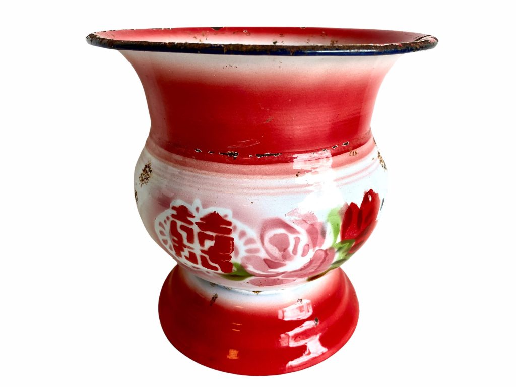 Vintage Chinese Tobacco Spit Spittoon Bucket Pot Vase Enamel Metal bar deco decoration prop red white decor rusty circa 1950-60’s / EVE