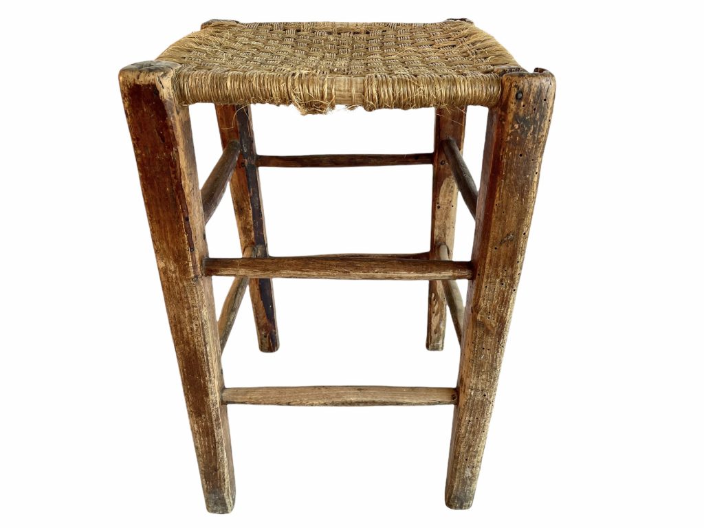 Antique Raffia Stool French Wooden Wicker Brown Wood Woven Low Small Chair String Woven Plinth Stand Tabouret Pot c1910-20’s / EVE