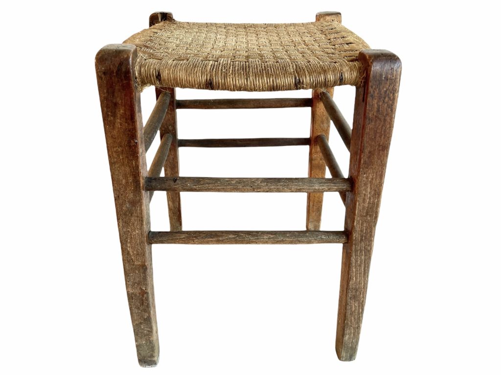 Antique Raffia Stool French Wooden Wicker Brown Wood Woven Low Small Chair String Woven Plinth Stand Tabouret Pot c1910-20’s / EVE