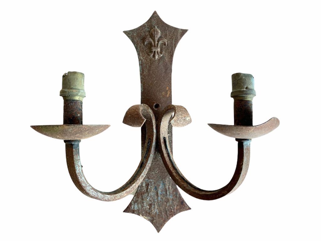 Antique French Iron Fleur De Lis Wall Hanging Double Electric Light Lantern Candle Lamp Sconce Decor Design FOUR AVAILABLE c1910’s / EVE