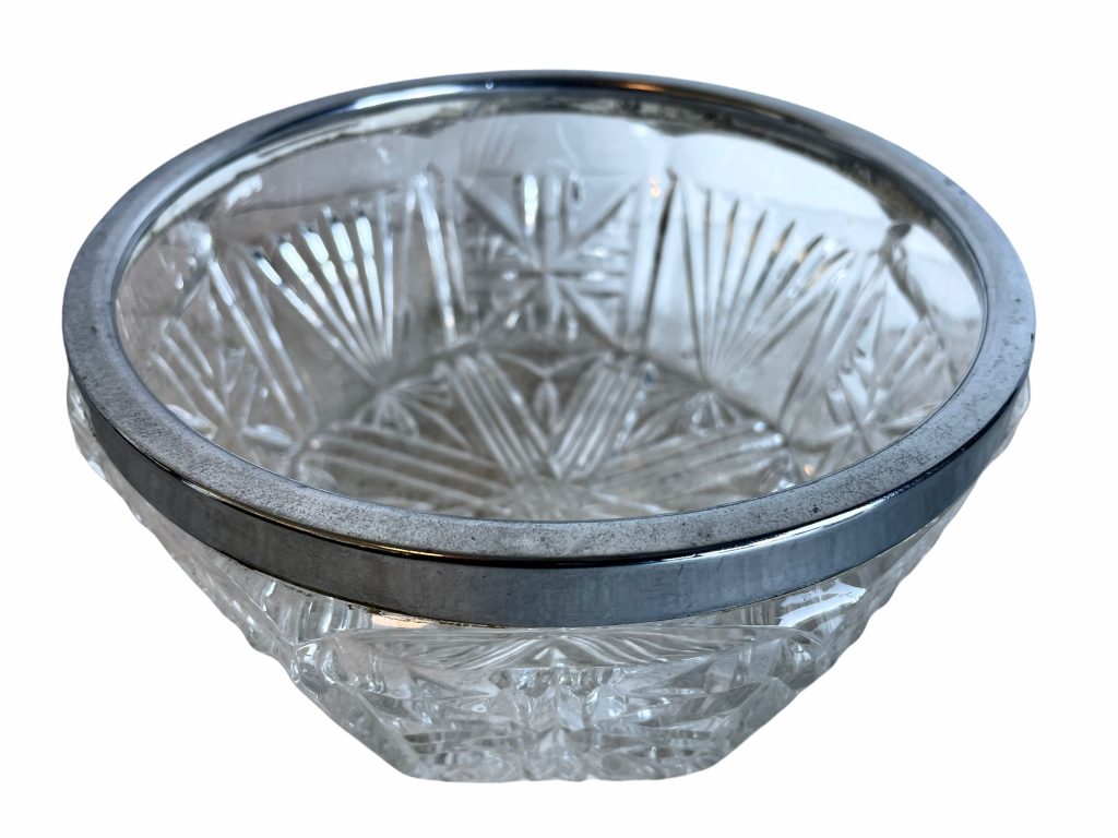 Vintage English Glass Silver Metal Band Fruit Food Serving Display Bowl Plate Dish Charger Holder Centrepiece c1970’s / EVE