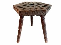 Vintage French Clover Leaf Lucky Carved Stool Wooden Brown Wood Small Milking Chair Stand Display Rest Plinth Seating Tabouret c1960's / EVE