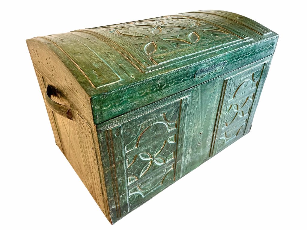 Vintage Moroccan Tooled Green Leather Wrapped Heavy Wooden Treasure Chest Wood Wooden Case Storage Display Box Container c1940-50’s / EVE