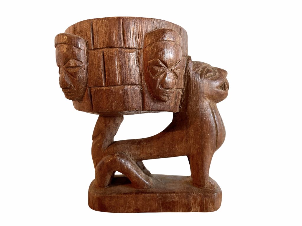 Vintage African Cup Bowl On Animal Cat Primitive Tribal Art Carving Wooden Wood Mug Chalice Decorative Display c1980’s / EVE