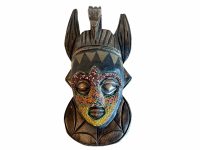 Vintage African Figurine Mask Statue Primitive Art Carving Wooden Wood Bead Ornament Decorative Wall Display Tribal Prop c1980's / EVE