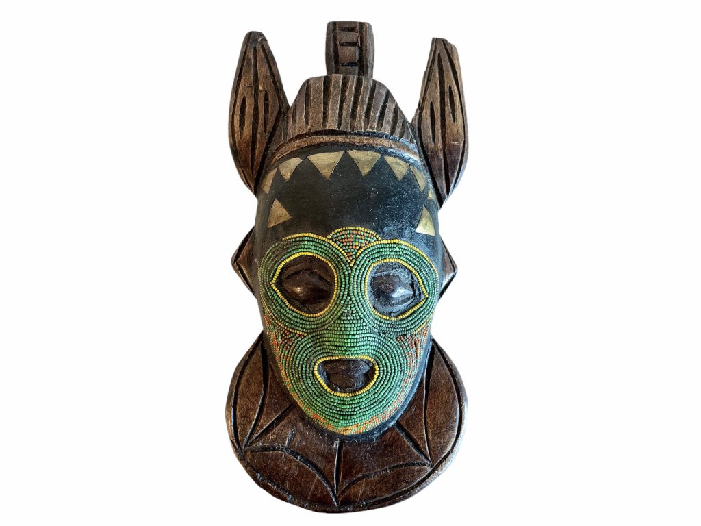 Vintage African Figurine Mask Statue Primitive Art Carving Wooden Wood Bead Ornament Decorative Wall Display Tribal Prop c1980’s / EVE
