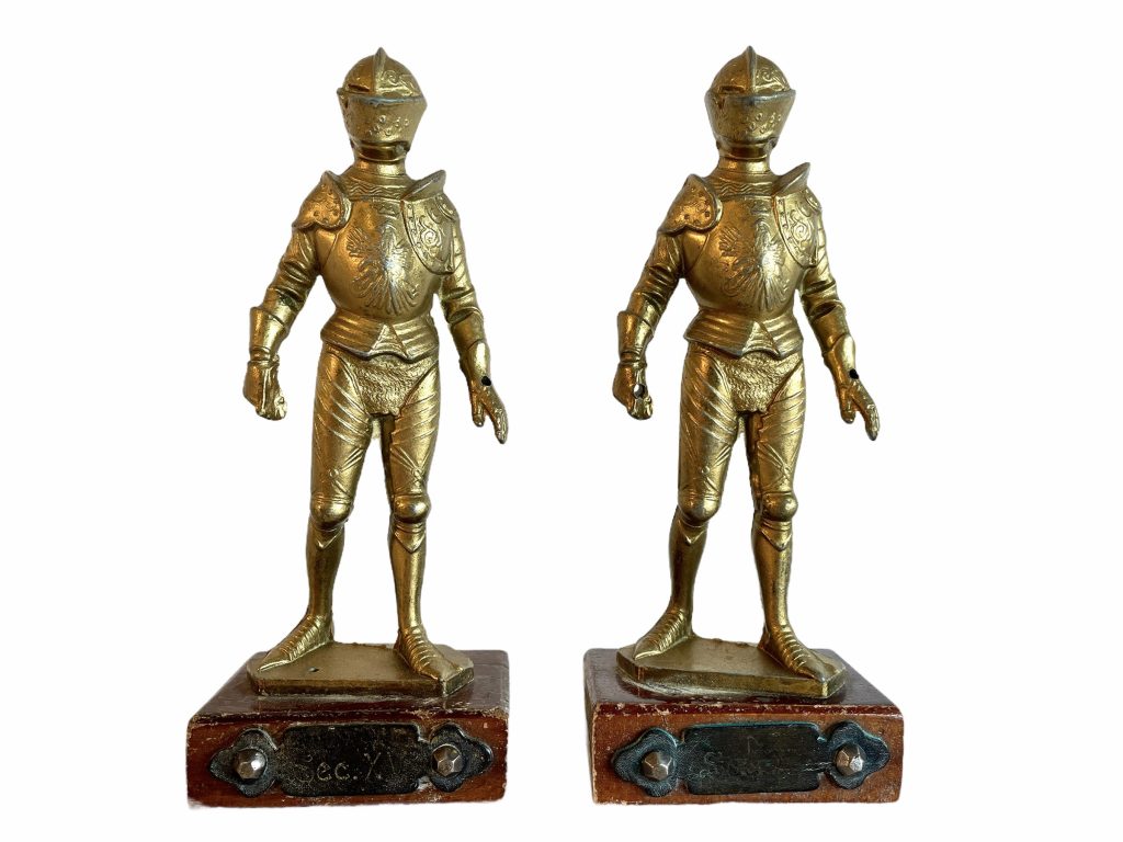 Vintage French Armoured Suits Of Armour Metal Wood Base Helmet Statue Sculpture Ornament Display Pair Shelf Decor circa 1950-1960’s / EVE