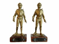 Vintage French Armoured Suits Of Armour Metal Wood Base Helmet Statue Sculpture Ornament Display Pair Shelf Decor circa 1950-1960's / EVE