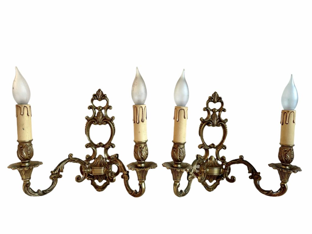 Vintage French Brass Sconce Sconces Wall Hanging Double Electric Light Lantern Candle Lamp Ornament Decor Design Lighting c1970-80's / EVE