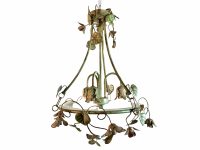 Vintage French Metal Glass Toleware Style Green Leaf Wall Hanging Electric Light Lantern Candle Lamp Ornament Decor Design c1970's / EVE