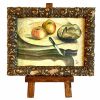 Vintage French Still Life Apples Bread Water Painting On Wood Wooden Framed Signed Art Damaged Gold Frame circa 1988 / EVE