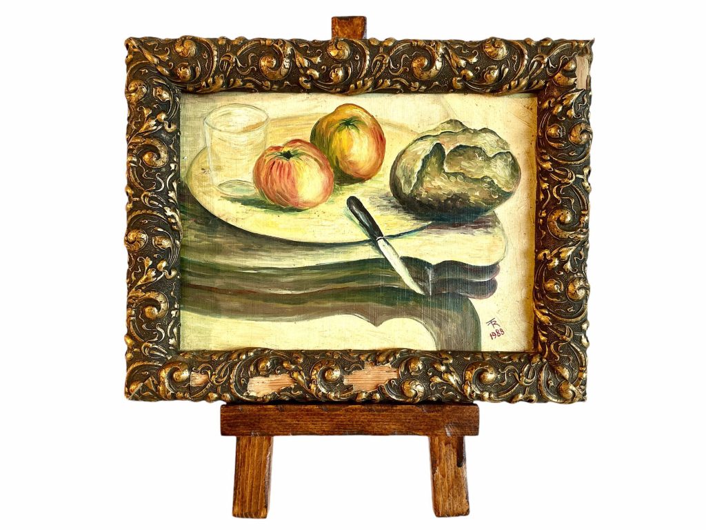 Vintage French Still Life Apples Bread Water Painting On Wood Wooden Framed Signed Art Damaged Gold Frame circa 1988 / EVE