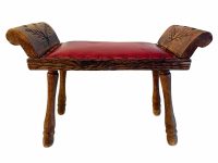 Vintage French Wooden Brown Red Bergundy Padded Cushioned Stool Footrest Foot Rest Natural Wood Rest c1960-70's / EVE