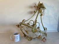 Alternative view of Vintage French Metal Glass Toleware Style Green Leaf Wall Hanging Electric Light Lantern Candle Lamp Ornament Decor Design c1970's / EVE