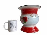Alternative view of Vintage Chinese Tobacco Spit Spittoon Bucket Pot Vase Enamel Metal bar deco decoration prop red white decor rusty circa 1950-60's / EVE