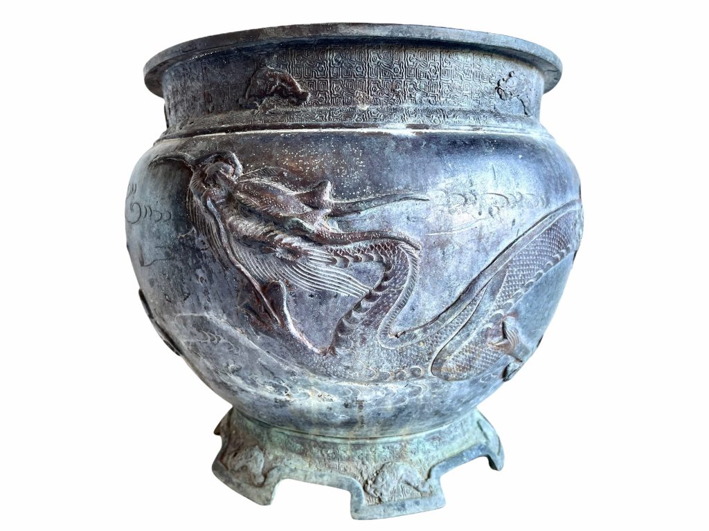 Antique Chinese Large Bronze Pot Vase Bowl Planter With Ornate Dragon Decor Storage Display Centrepiece Damaged c1910’s / EVE