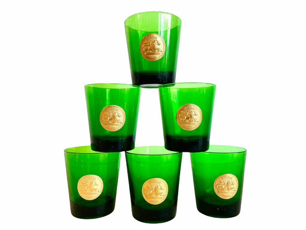 Vintage French Byrrh Set Of Six Green Boxed Glasses Glass Clear Drinking Drinks Cups Ceremony Display Pub Bar c1960-70’s / EVE