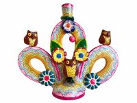 Vintage Mexican Terra Cotta Owl Flower Tree Of Life Multi Coloured Candlestick Candle Stick Light Pot Small Vases Display c1980-90's / EVE