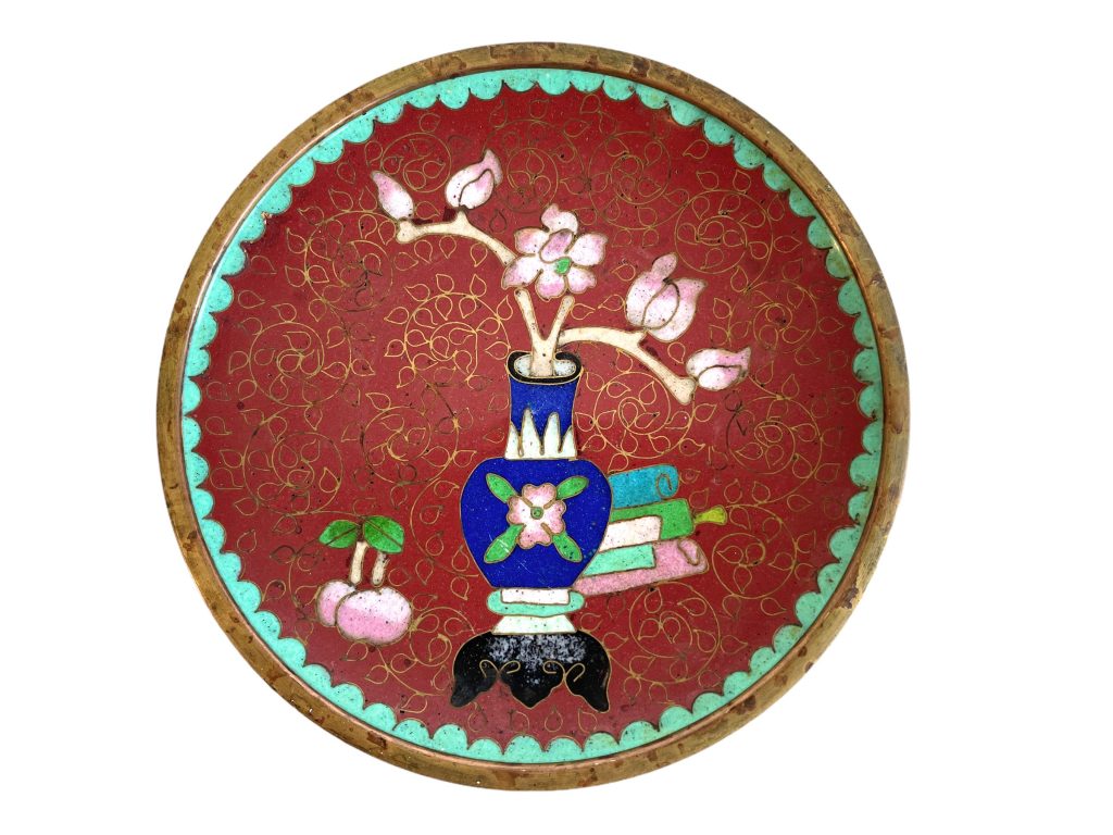 Vintage Oriental Small Red Pink Flowers Metal Cloisonne Enamel Enamelled Bowl Dish Plate Trinket Jewellery circa 1960-70’s / EVE
