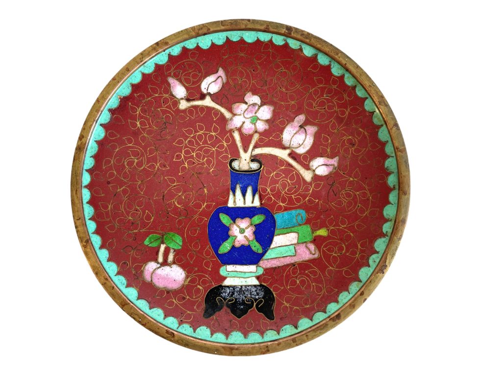 Vintage Oriental Small Red Pink Flowers Metal Cloisonne Enamel Enamelled Bowl Dish Plate Trinket Jewellery circa 1960-70's / EVE
