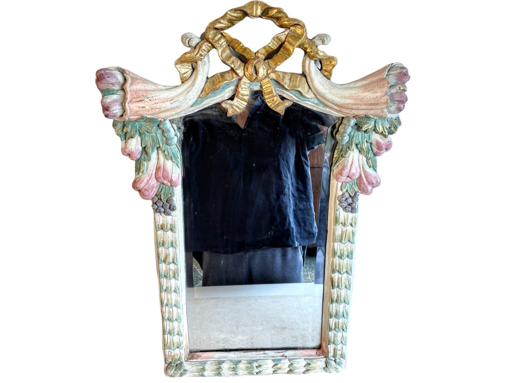 Vintage French Large Ornate Gold Wall Hanging Mirror Wood Gift Glass Mirror Decorative Cloakroom Ribbon Fruit circa 1980-90’s / EVE