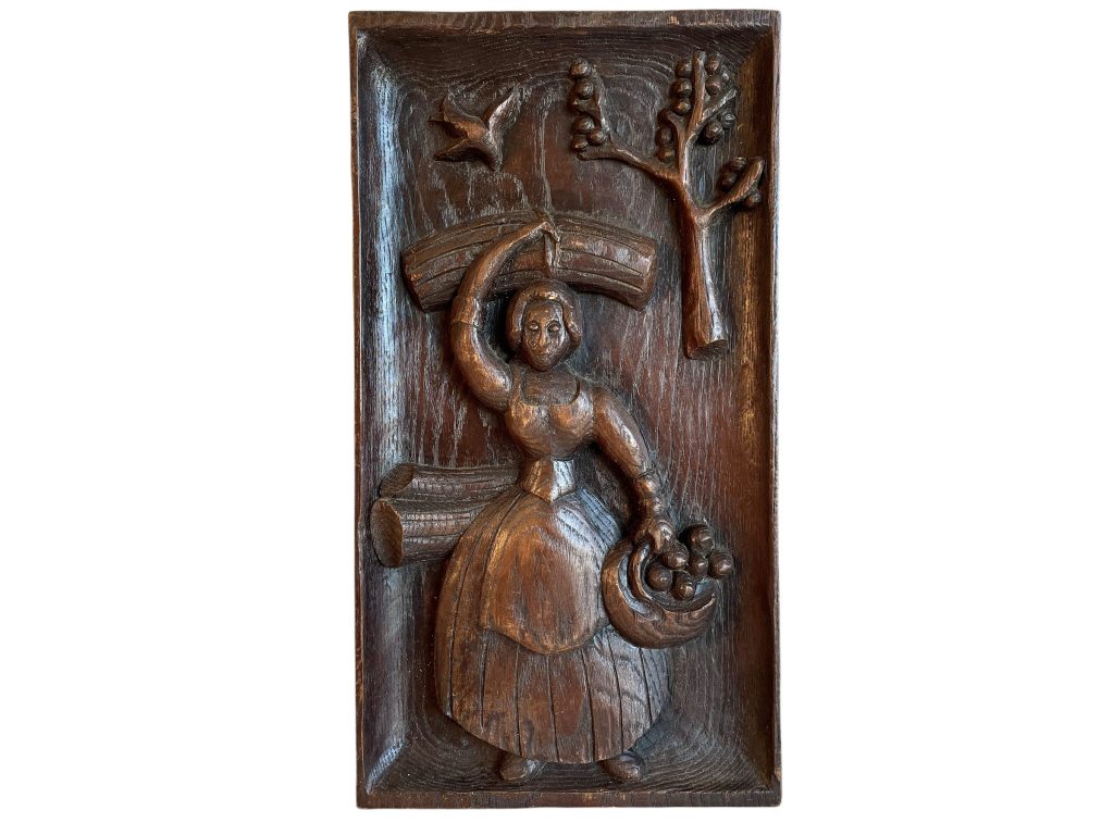 Vintage French Wooden Wood Carved Lady Harvesting Farming Working Figurine Wall Hanging Apple Picking c1960-70’s / EVE