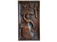 Vintage French Wooden Wood Carved Lady Harvesting Farming Working Figurine Wall Hanging Apple Picking c1960-70's / EVE