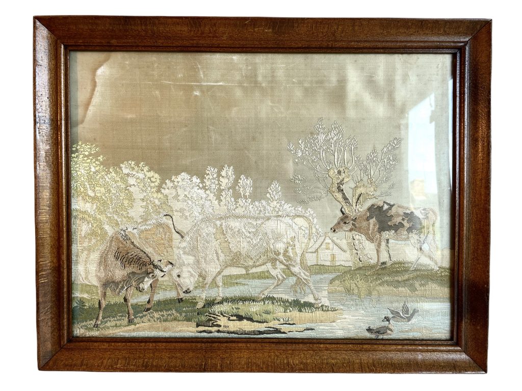 Antique French Brocade Detailed Tapestry Deers Cows Cattle Countryside Framed Château Tapisserie circa 1850-1900’s / EVE