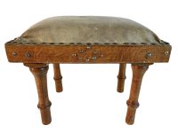 Vintage French Leather Cushion Topped Padded Wooden Brown Natural Wood Small Foot Stool Chair Display Rest Seating c1950-1960's / EVE