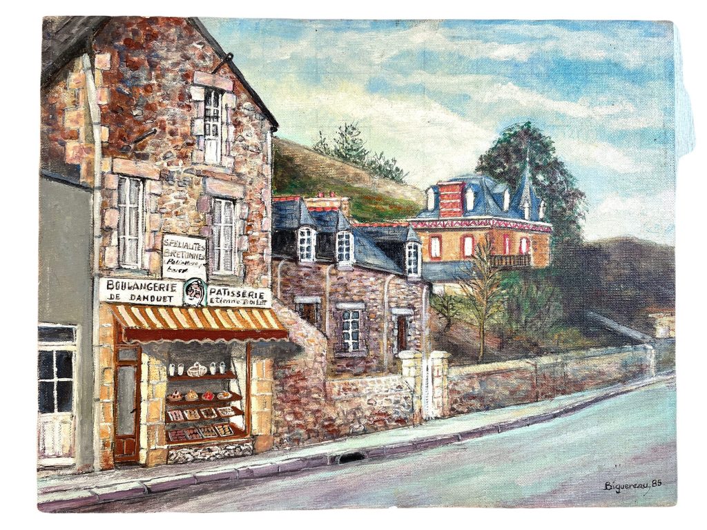 Vintage French Brittany Boulangerie Patisserie Biguerean Rural Painting Acrylic On Board Chapel Village France c1985 / EVE
