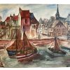 Vintage French Normandy Honfleur Marina Harbour Coastal Seaside Painting Acrylic On Board Village France c1970-80's / EVE