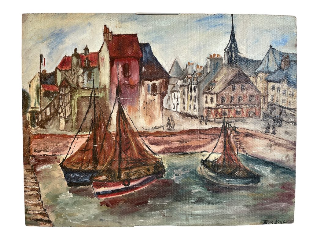 Vintage French Normandy Honfleur Marina Harbour Coastal Seaside Painting Acrylic On Board Village France c1970-80’s / EVE