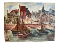 Vintage French Normandy Honfleur Marina Harbour Coastal Seaside Painting Acrylic On Board Village France c1970-80's / EVE