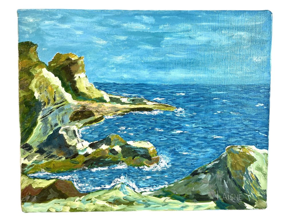 Vintage French Coastal Headland Painting Acrylic Skyline Coast Cliffs Scenic On Canvas Signed Laisne circa 1980’s / EVE