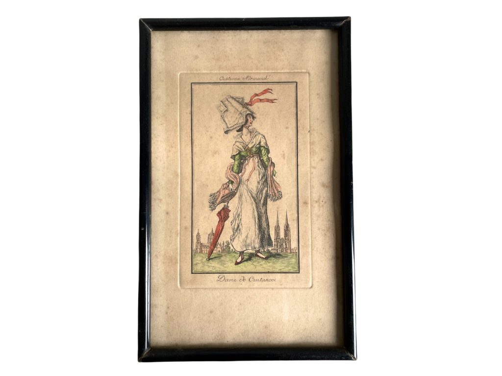 Antique French Framed Costumed Lady Of Coutances Print Wooden Frame Wall Decor Display France Normandy c1900’s / EVE