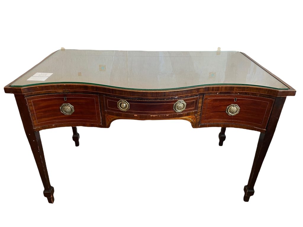 Antique English Large Desk Edwardian Wooden Wood Table Stand Display Sideboard Drawers Glass Topped circa 1910’s / EVE