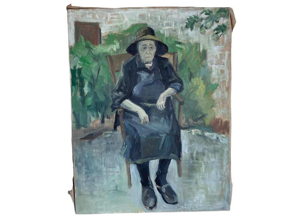 Antique French Old Lady Country Rustic Rural France Traditional Dress Acrylic Painting On Canvas c1920-30’s / EVE