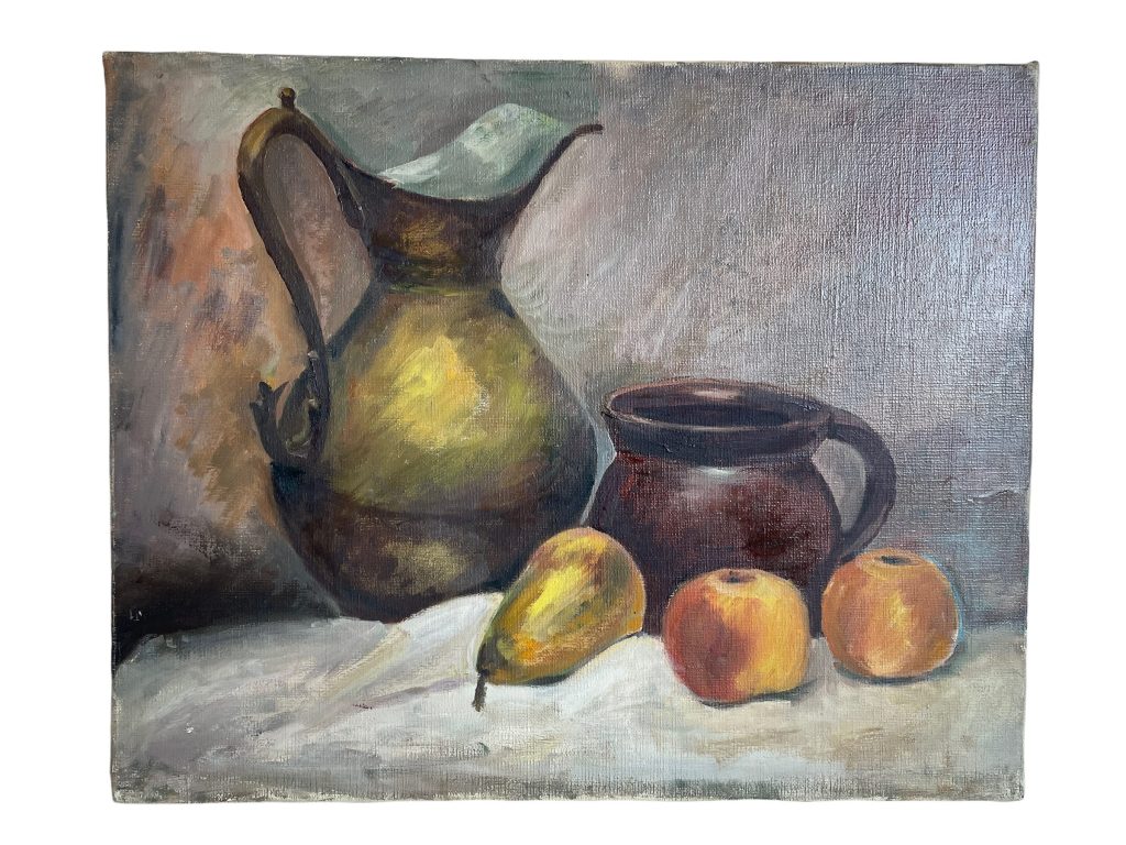 Vintage French Still Life Jug Apples Pears Country Rustic Rural France Traditional Acrylic Painting On Canvas Harvest Gift c1940-50’s / EVE