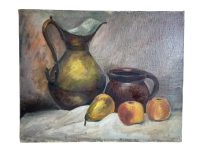 Vintage French Still Life Jug Apples Pears Country Rustic Rural France Traditional Acrylic Painting On Canvas Harvest Gift c1940-50's / EVE