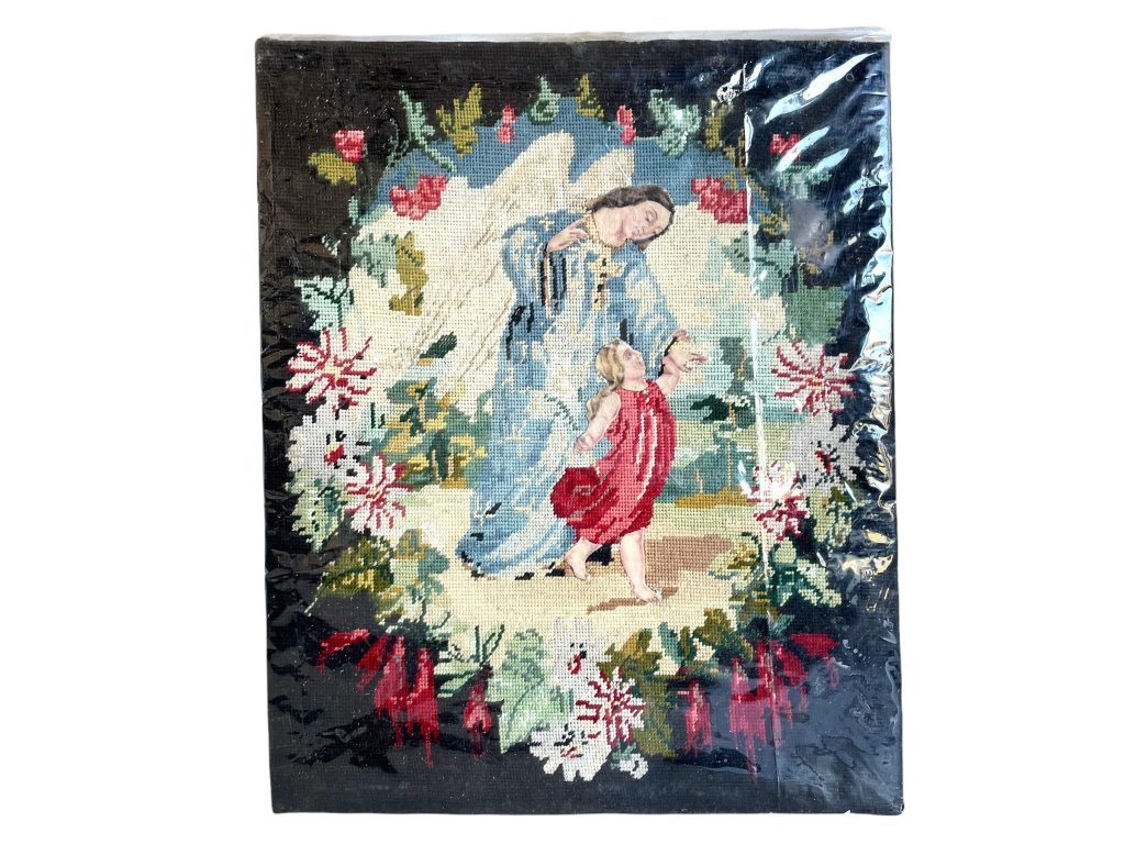 Vintage French Hand Woven Cross Stitch Arts And Crafts Wall Hanging Red Black Angel With Child Wall Hanging Picture c1940-50’s / EVE