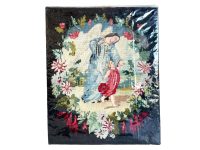 Vintage French Hand Woven Cross Stitch Arts And Crafts Wall Hanging Red Black Angel With Child Wall Hanging Picture c1940-50's / EVE