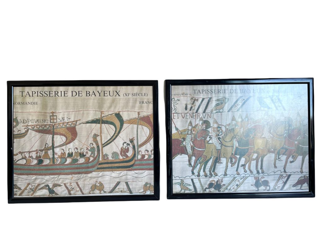 Vintage French Bayeux Tapestry Reproduction Of Boat Scene Sailing For France England Tapisserie Glass Framed circa 1980-90’s / EVE