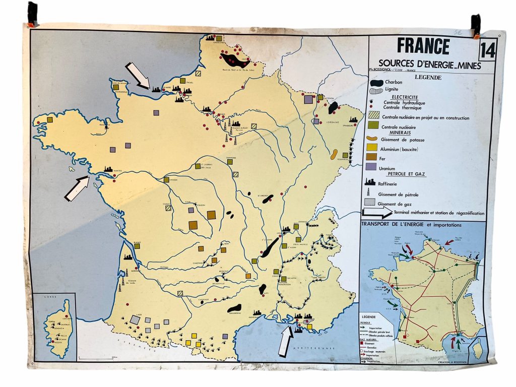 Vintage French Poster School Educational Wall Display French Mines Power Energy Agriculture Learning Map Chart Teaching c1970-80’s / EVE