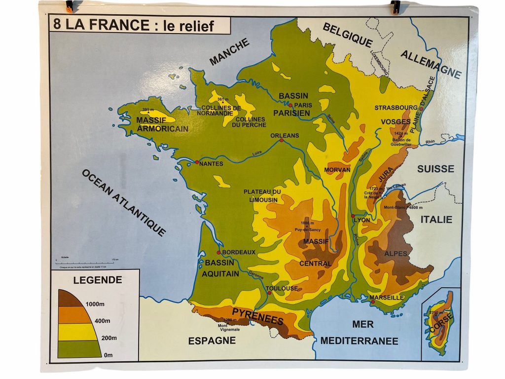 Vintage French Poster School Learning Educational Wall Display Altitude Learning Compass Direction Map Chart Teaching c1970-80’s / EVE