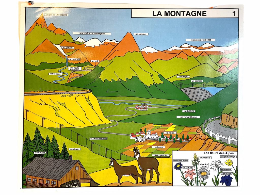 Vintage French Poster School Learning Educational Wall Display Mountains Plains Plateaux Crops Map Chart Teaching c1970-80’s / EVE