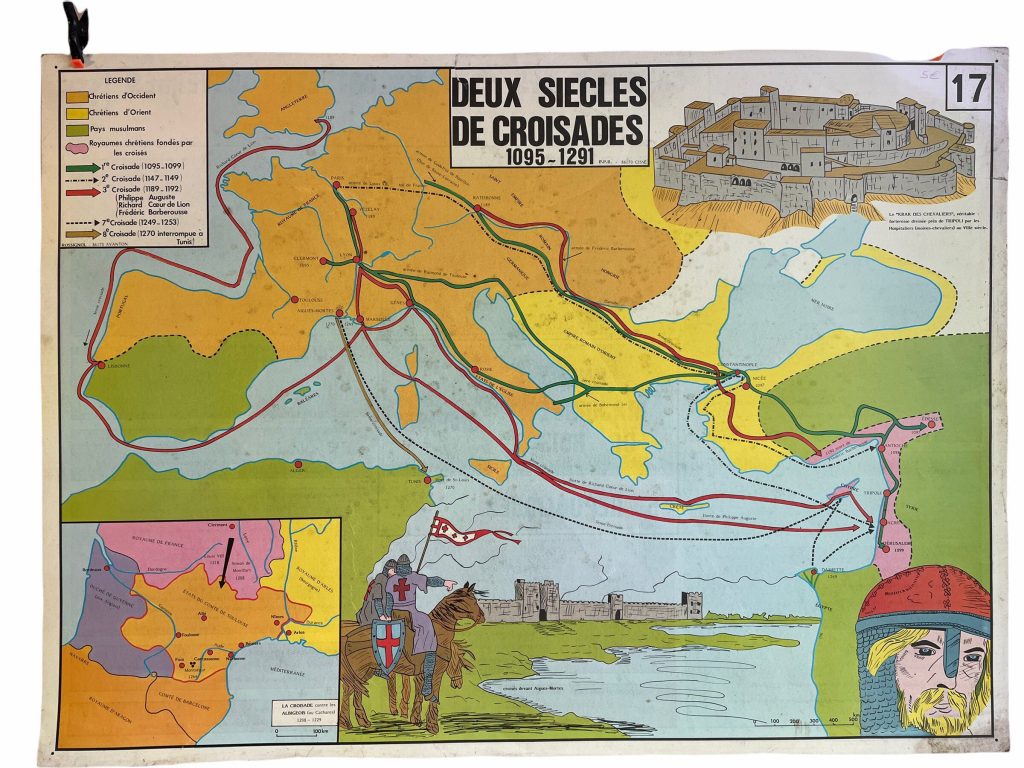 Vintage French Poster School Learning Educational Display The Crusades French Government Learning Map Chart Teaching c1970-80’s / EVE
