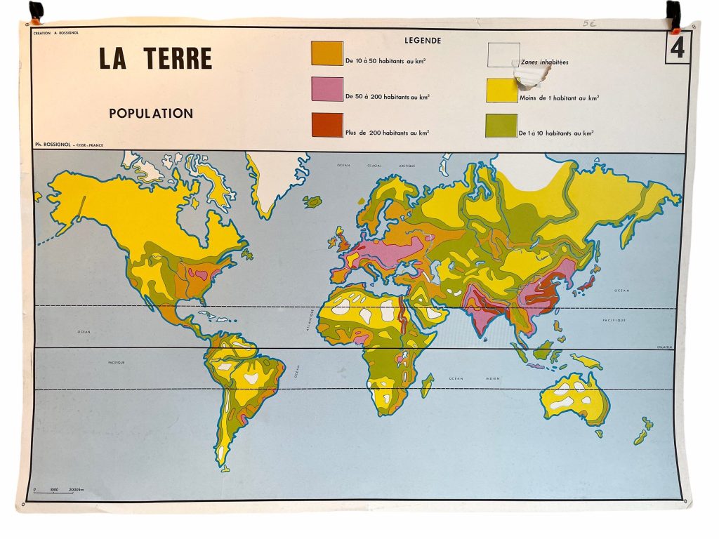 Vintage French Poster School Learning Educational Wall Display La Terre The Earth Population Learning Map Chart Teaching c1970-80’s / EVE