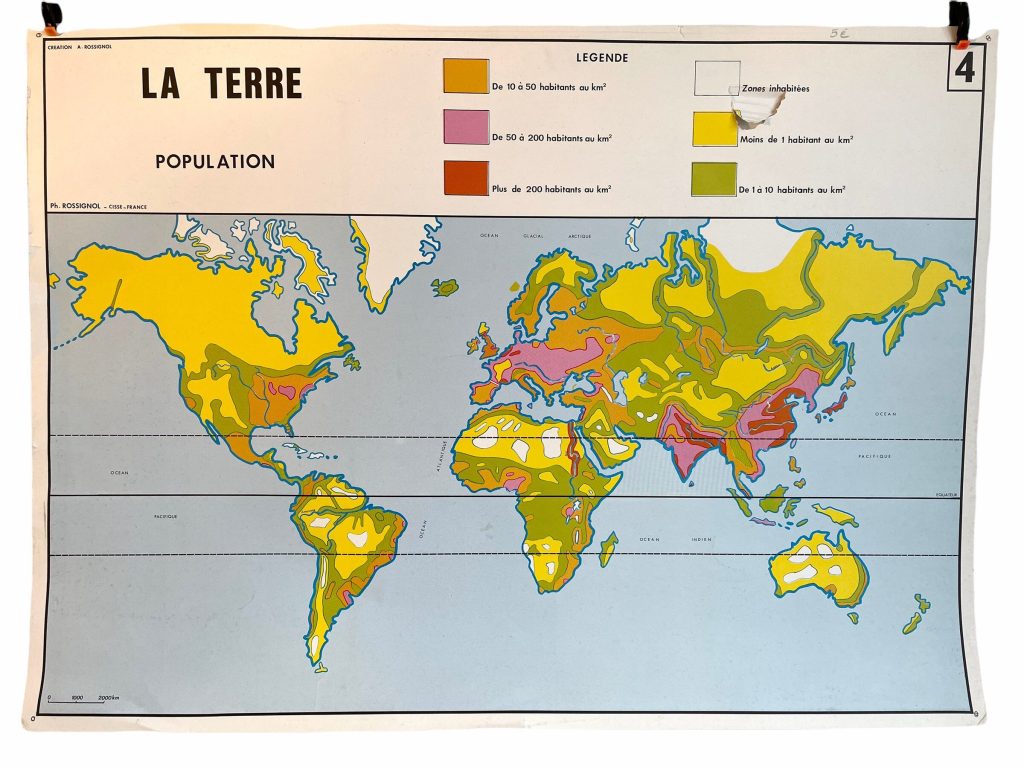Vintage French Poster School Learning Educational Wall Display La Terre The Earth Population Learning Map Chart Teaching c1970-80's / EVE